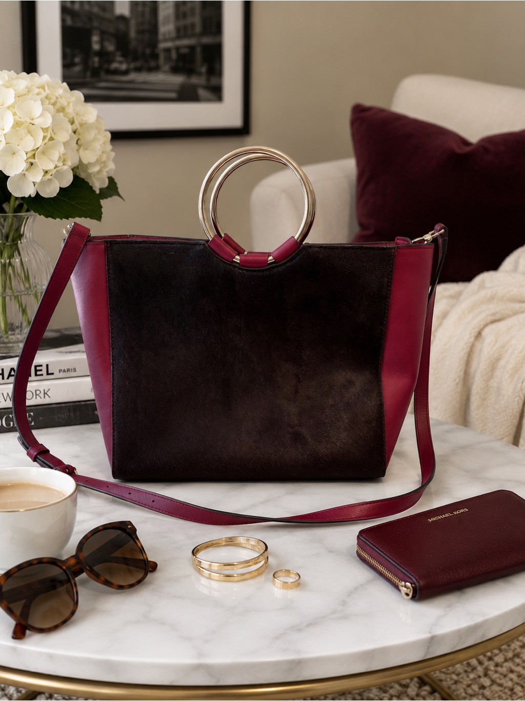 Henri Bendel Marquis Burgundy And Deep Pink Ring-Handle Tote